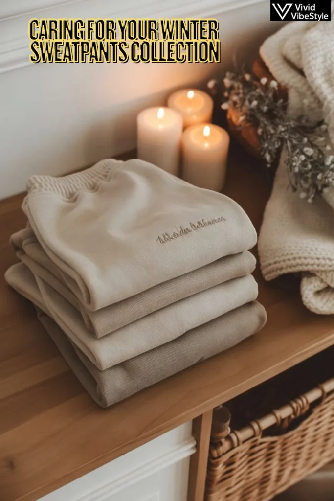 Stack of neatly folded winter sweatpants on a shelf with cozy home decor, showing how to care for and maintain them