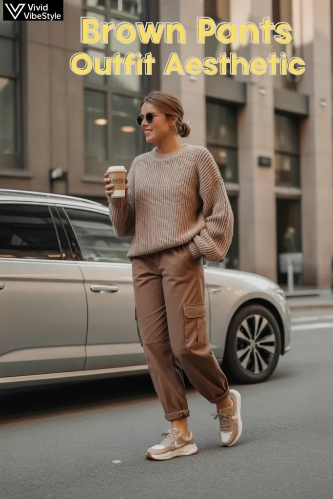 Casual brown pants outfit aesthetic with cargo pants, sneakers, and a knit sweater styled for a relaxed weekend look