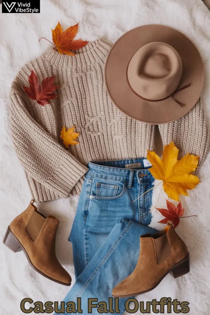 Chunky knit sweater, jeans, and boots styled as casual fall outfits for a chic look.