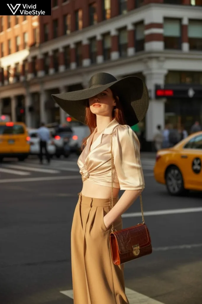 Woman in a summer outfit featuring a cropped blouse and high-waisted trousers in an urban setting
