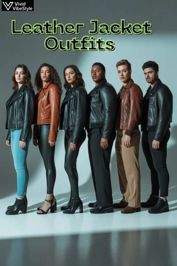 Men and women wearing leather jacket outfits in different cuts—biker, bomber, cropped—styled to flatter their unique body types