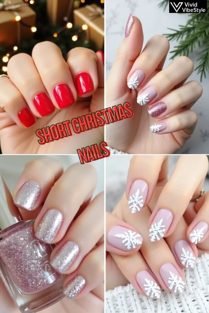 Comparison of short Christmas nail designs: glossy red, glitter gradient, and snowflake accents shown on short nails with holiday décor