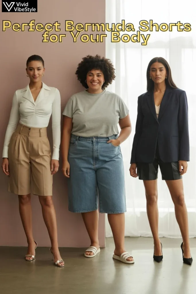 Different body types styled in Bermuda shorts outfits — high-waisted, mid-rise denim, and tailored blazer looks for 2025 fashion