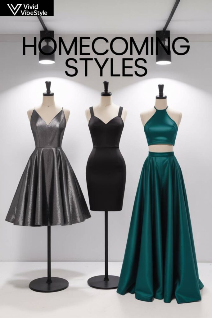 Different short homecoming dress styles including A-line, bodycon, and two-piece sets for 2025 HOCO fashion inspiration