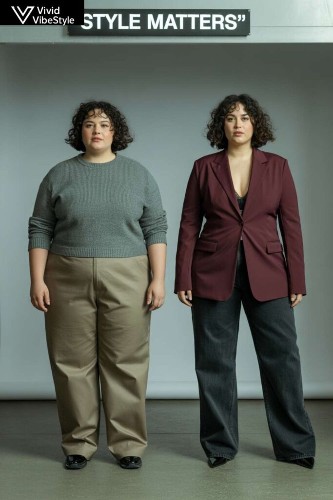 Before and after comparison showing right and wrong fit for curvy women