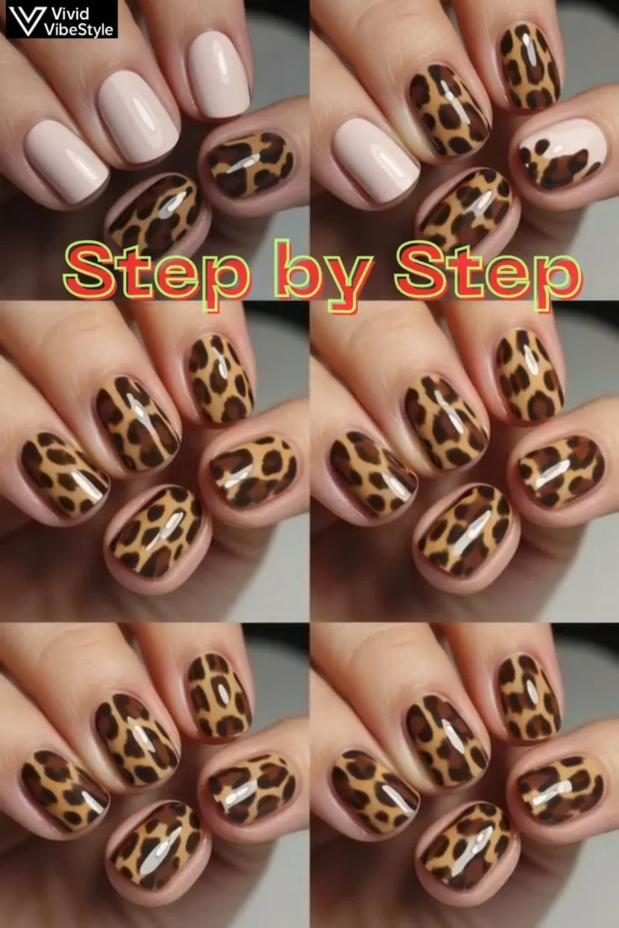 Step-by-step process showing how to create classic Summer Leopard Print Nails from base coat to finished look
