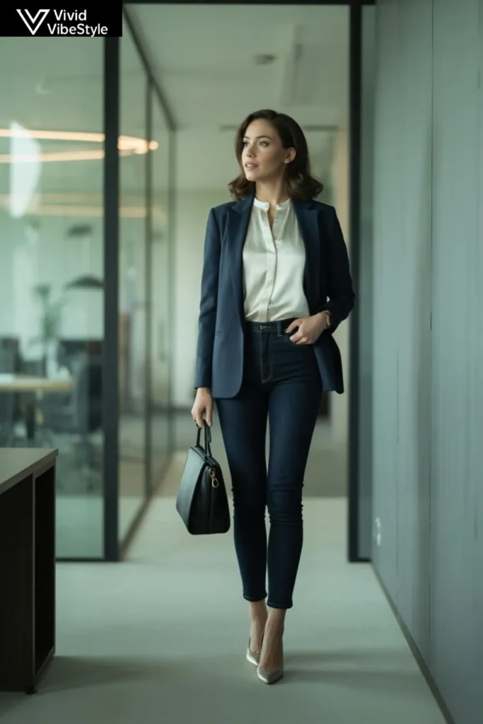 Classy jeans outfit ideas for work with dark-wash denim, tailored blazer, silk blouse, and heels in a professional setting