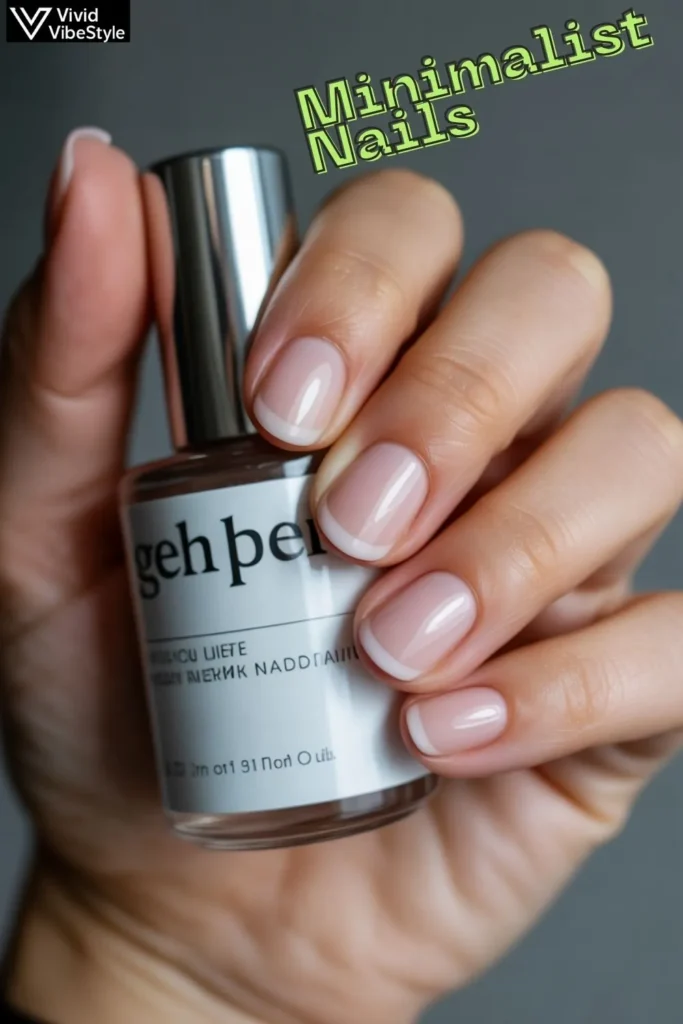 Clean girl nails with natural sheer polish, glossy buffed finish, and simple skincare aesthetic