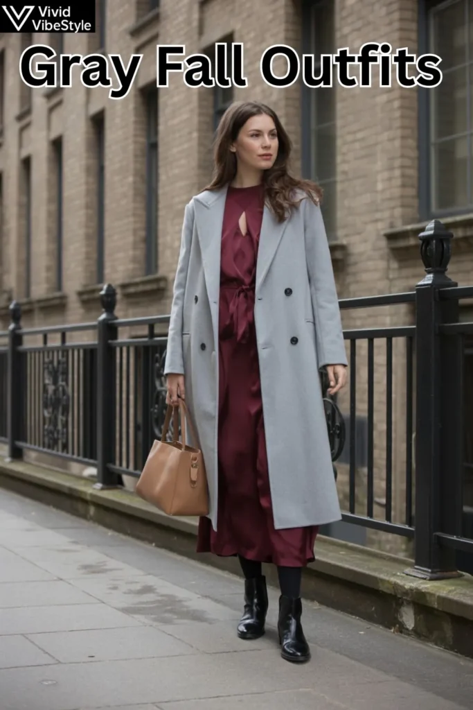 Gray fall outfit styled with burgundy, camel, and black accents for chic autumn color combinations.