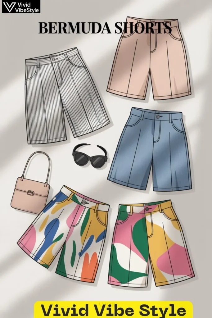 Color palette of Bermuda shorts outfits including black-and-white, pastel, denim, and bold summer prints with styled accessories