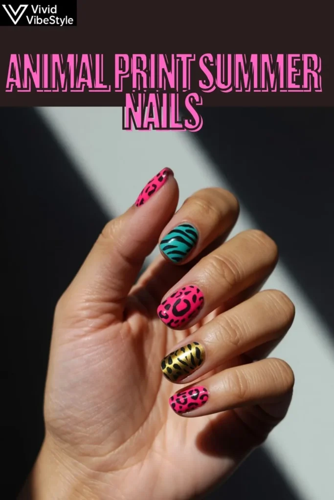 Hand with neon and metallic animal print summer nails in leopard, zebra, and snake skin patterns