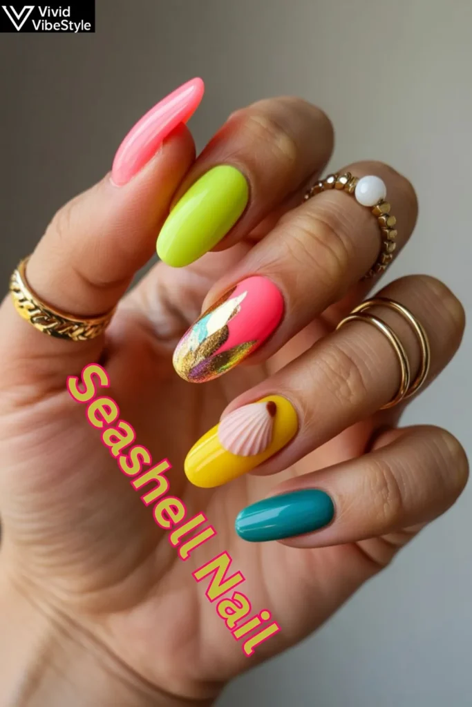 Bold seashell nail art with neon colors and metallic foil accents for a vibrant summer manicure.