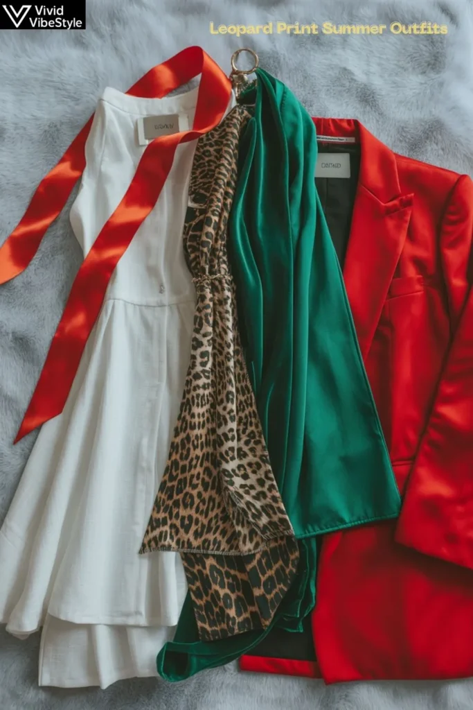 Leopard print outfit styled with white, emerald green, and red accents for complementary summer color combinations