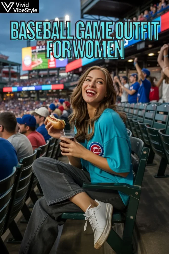 Woman in stadium seats wearing jeans, a team-colored t-shirt, and sneakers, styled for comfort during a baseball game