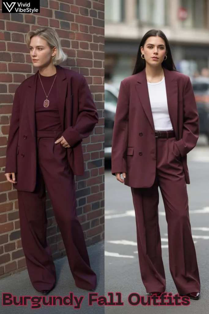 Side-by-side examples of burgundy fall outfit styling mistakes vs. well-balanced styling.