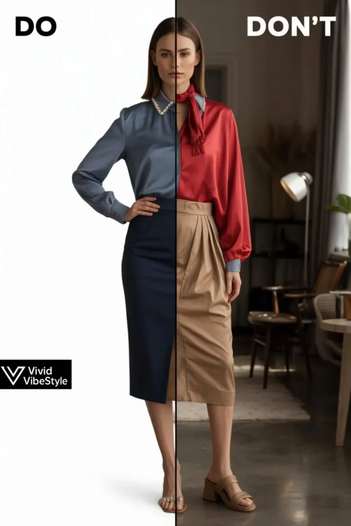 Comparison of common skirt outfit mistakes versus well-styled skirt outfit