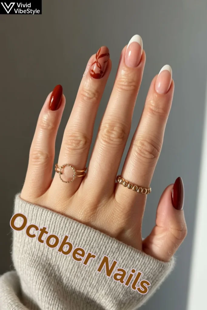 Cost-effective October nails using stylish press-ons in burgundy and pumpkin orange for affordable fall manicures.