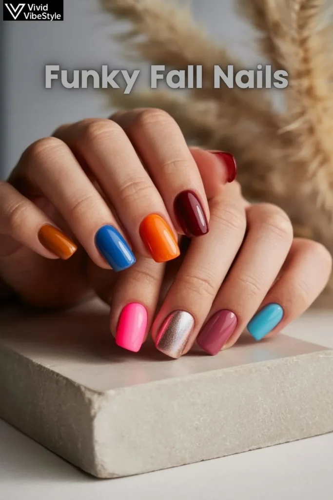 Creative fall nail color combinations with bold contrasts—burnt orange with electric blue, burgundy with neon pink, and copper metallic accents