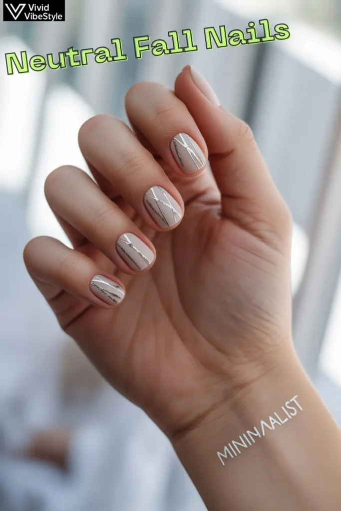 Neutral fall nails with creative designs, featuring matte beige polish, gold accents, and minimalist French tips