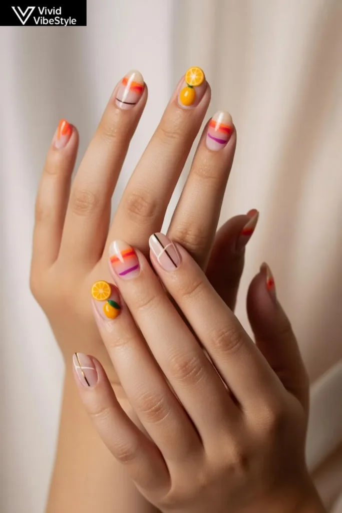 Creative orange nail art with sunset gradients, citrus fruit designs, and geometric patterns