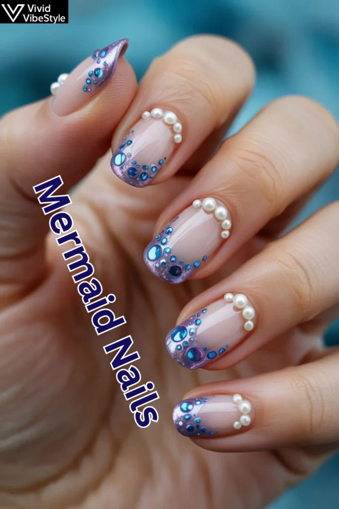 Creative pearl placement on mermaid nails with glittery polish and bubble-inspired accents.
