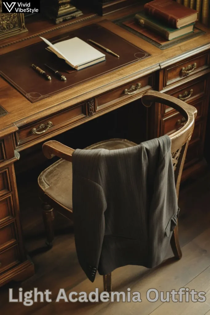 Antique desk with books and wool blazer reflecting the cultural significance of Dark Academia outfits.