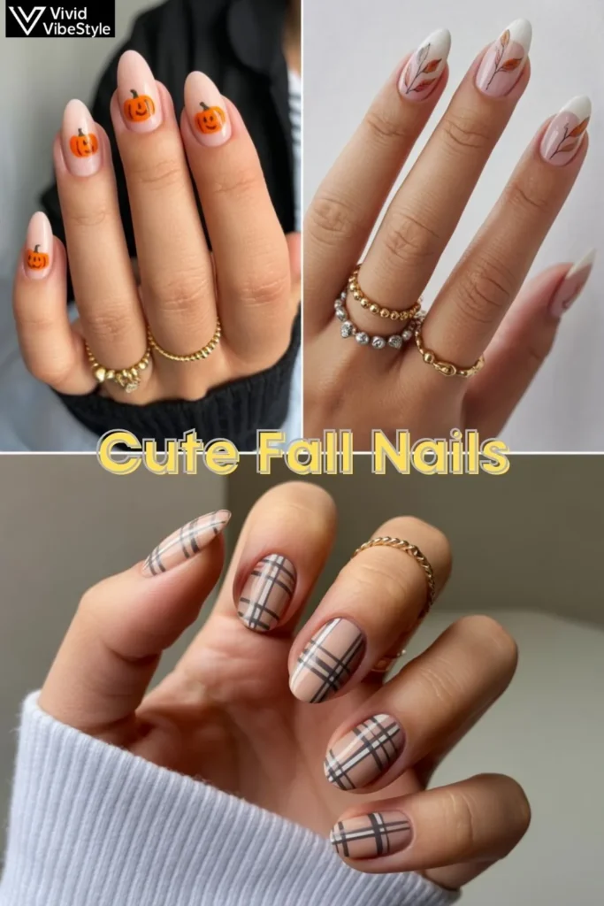 Collage of cute fall nails on short, medium, and long nails featuring pumpkins, leaf art, and plaid designs