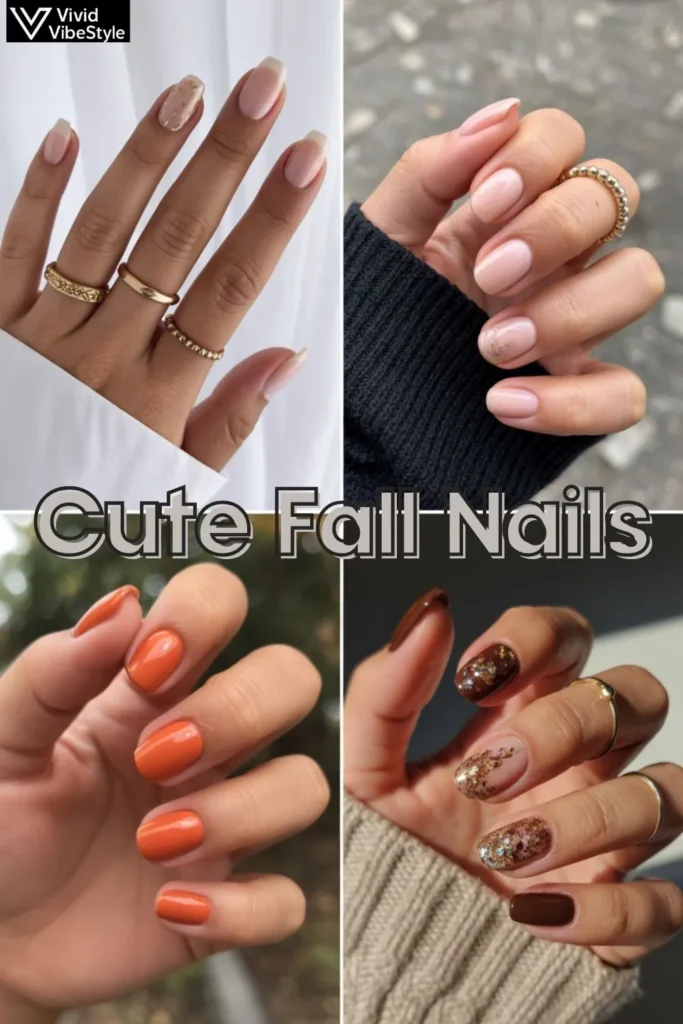 Collage showing cute fall nails for work, casual weekends, and festive holiday events