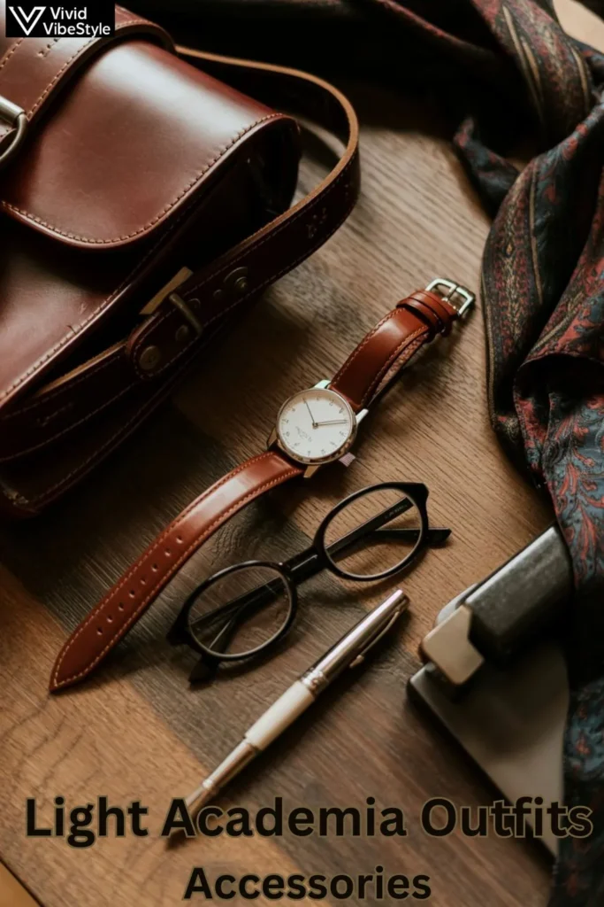 Leather satchel, watch, spectacles, and scarf as accessories for Dark Academia outfits.