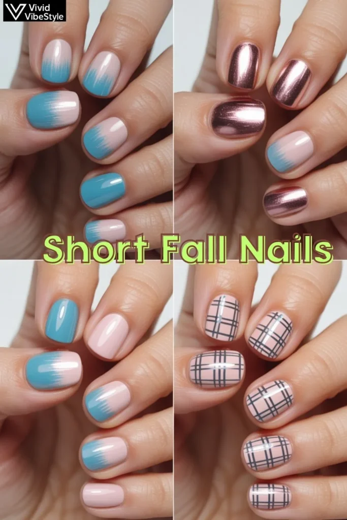 DIY short fall nails featuring ombre, plaid, and metallic foil accents – easy autumn nail designs for 2025.