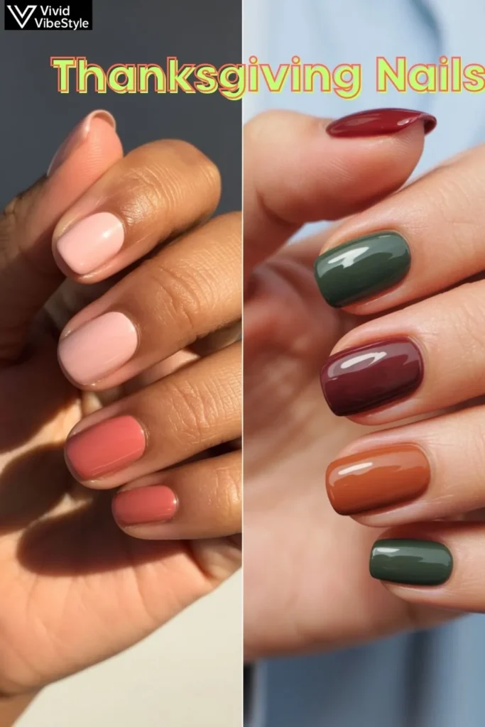 DIY Thanksgiving nail art with sponged gradient, leaf stamping, and dotted pumpkin accents for an easy at-home manicure
