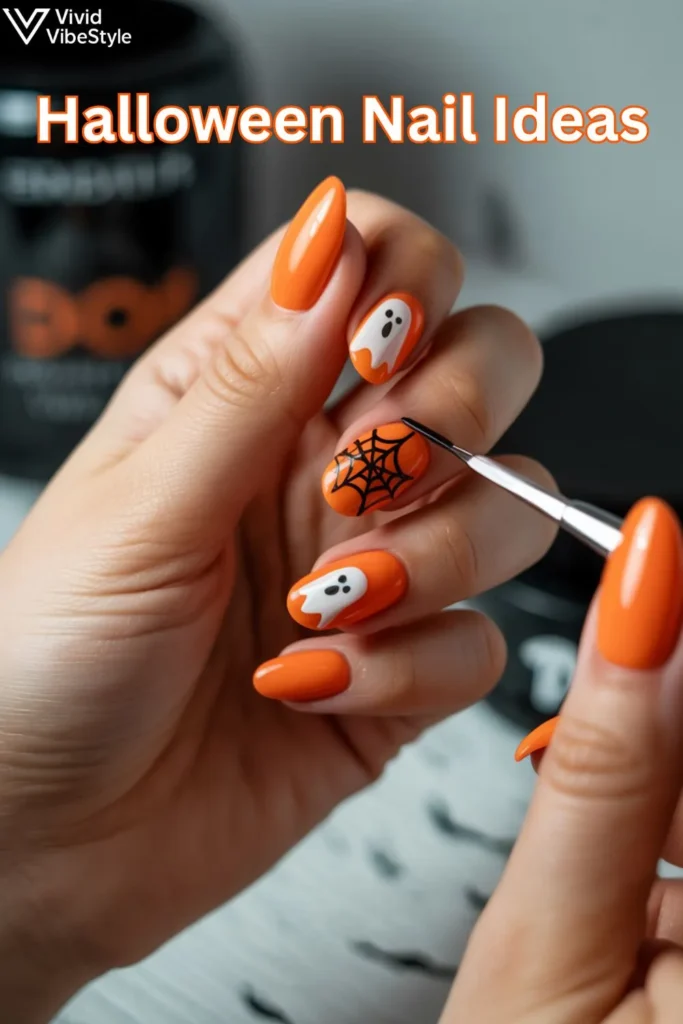 Easy DIY Halloween nail ideas with orange nails, spiderwebs, and ghost decals.