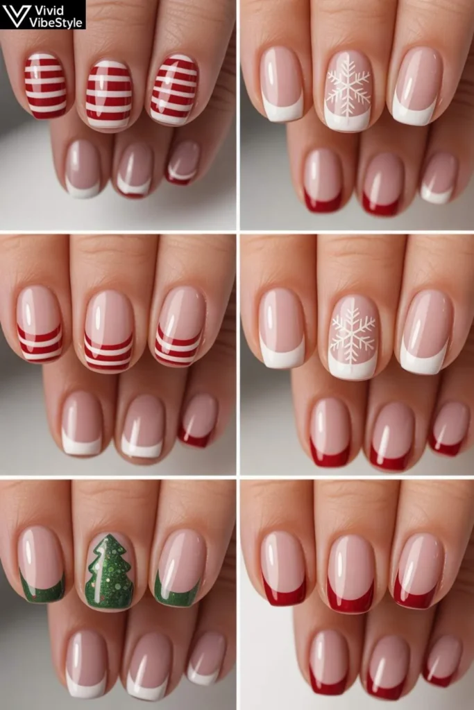 Step-by-step simple Christmas nail designs including candy cane stripes, nude nails with snowflake, glitter tree nails, and festive French tips