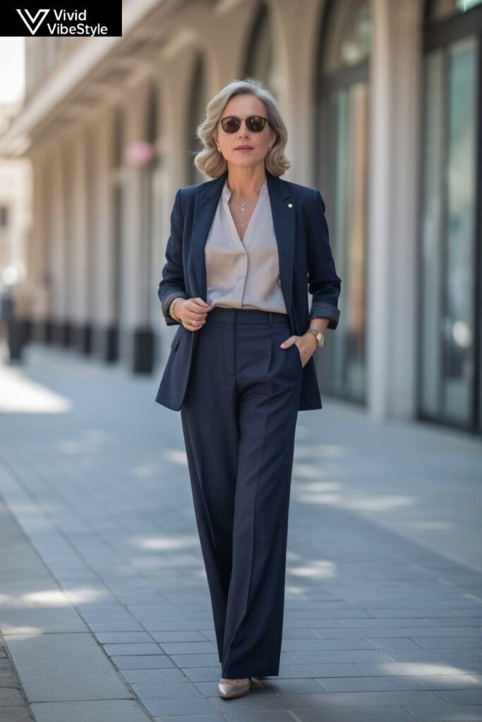 Elegant professional outfit idea for women over 40 with blazer and wide-leg trousers