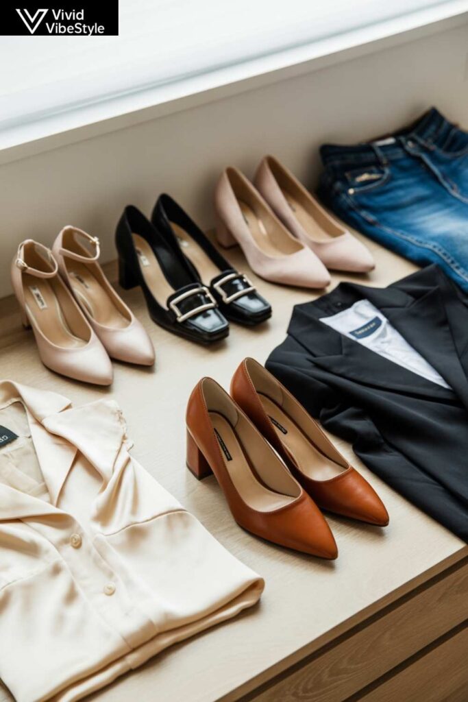 Stylish shoe options for elegant outfits for women over 40 including pumps and loafers