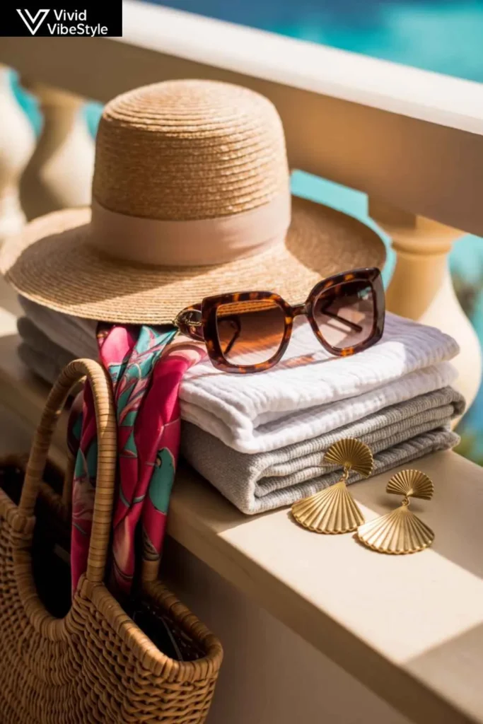 Elegant summer vacation outfit accessories on a resort balcony, featuring hat, sunglasses, and gold earrings