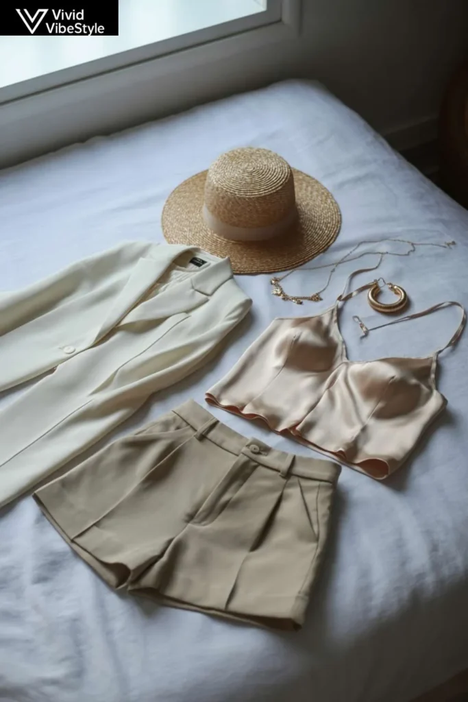 Essential pieces for elegant summer vacation outfits, including linen pants, silk camisole, and gold jewelry