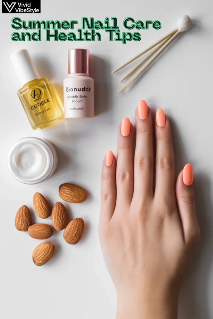 End of summer nail care flat lay with cuticle oil, moisturizer, and almonds beside manicured peach nails