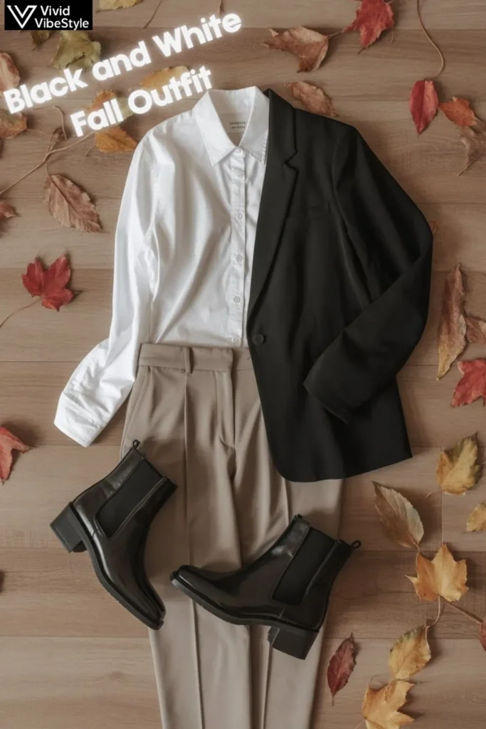 Flat lay of black blazer, white button-down shirt, black trousers, and ankle boots as essential pieces for Black and White Fall Outfits