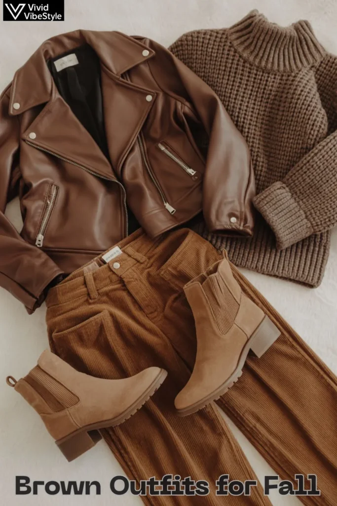 Flat lay of essential brown fall wardrobe pieces including jacket, sweater, boots, and trousers.