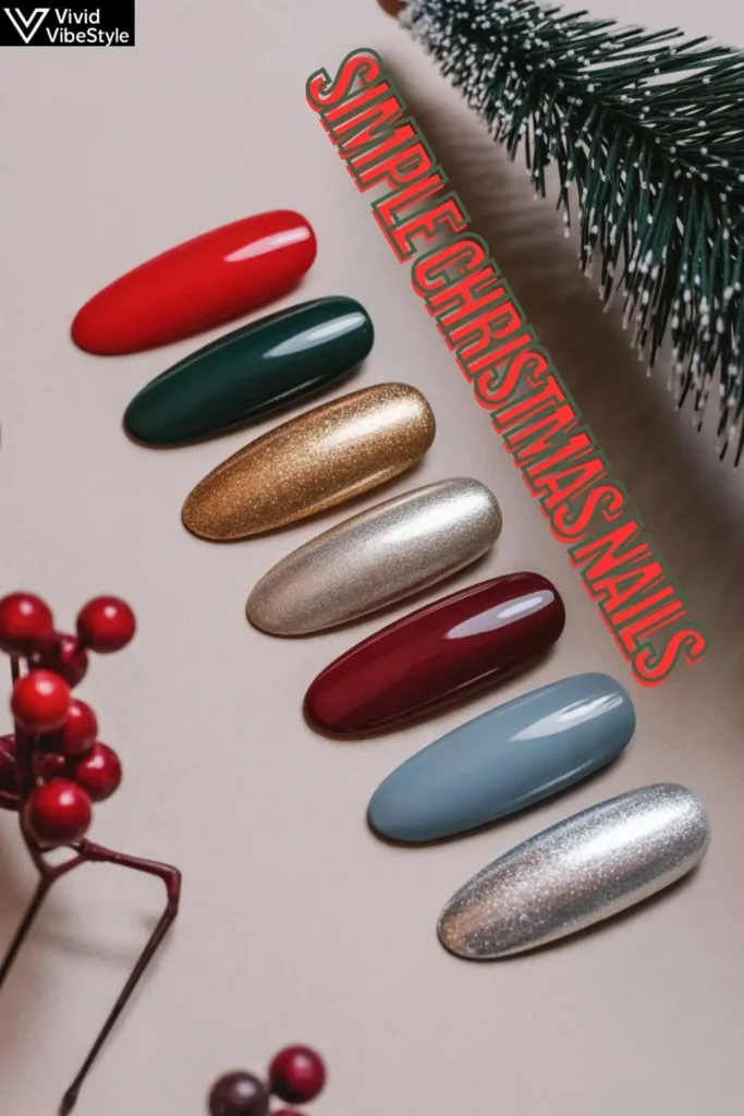 Christmas nail color palette with swatches of red, green, gold, silver, berry, and icy blue polish shades for simple Christmas nails