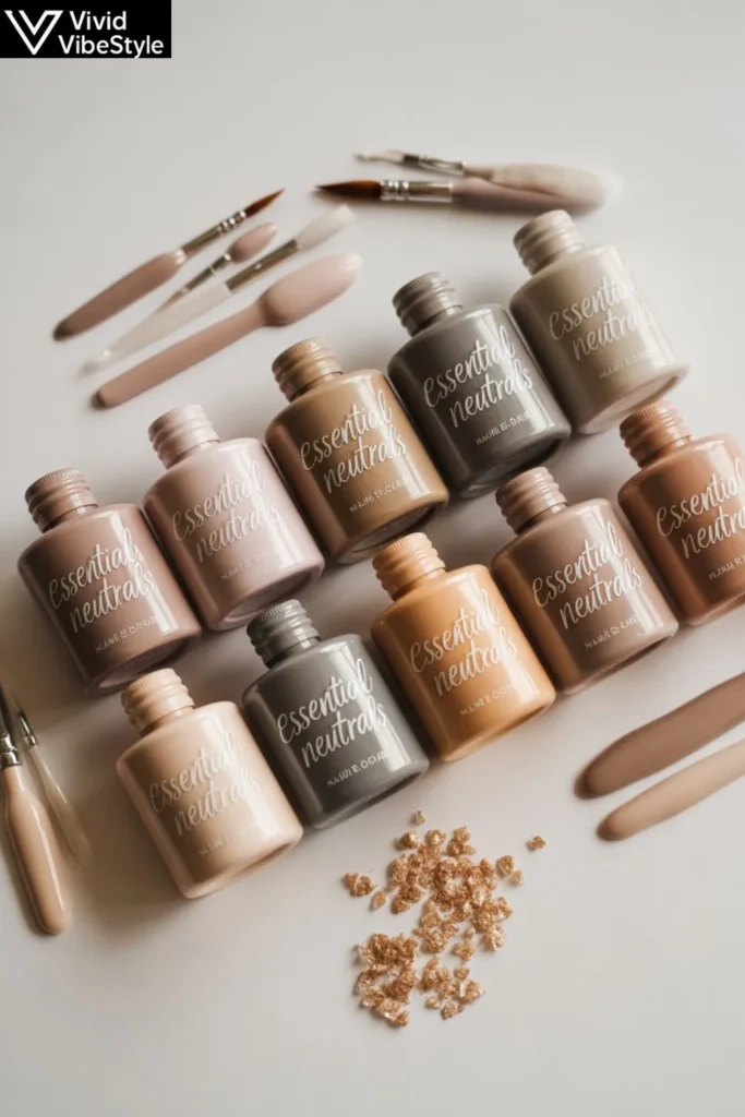 Essential colors for neutral leopard print nails in beige, gray, cream, and tan shades
