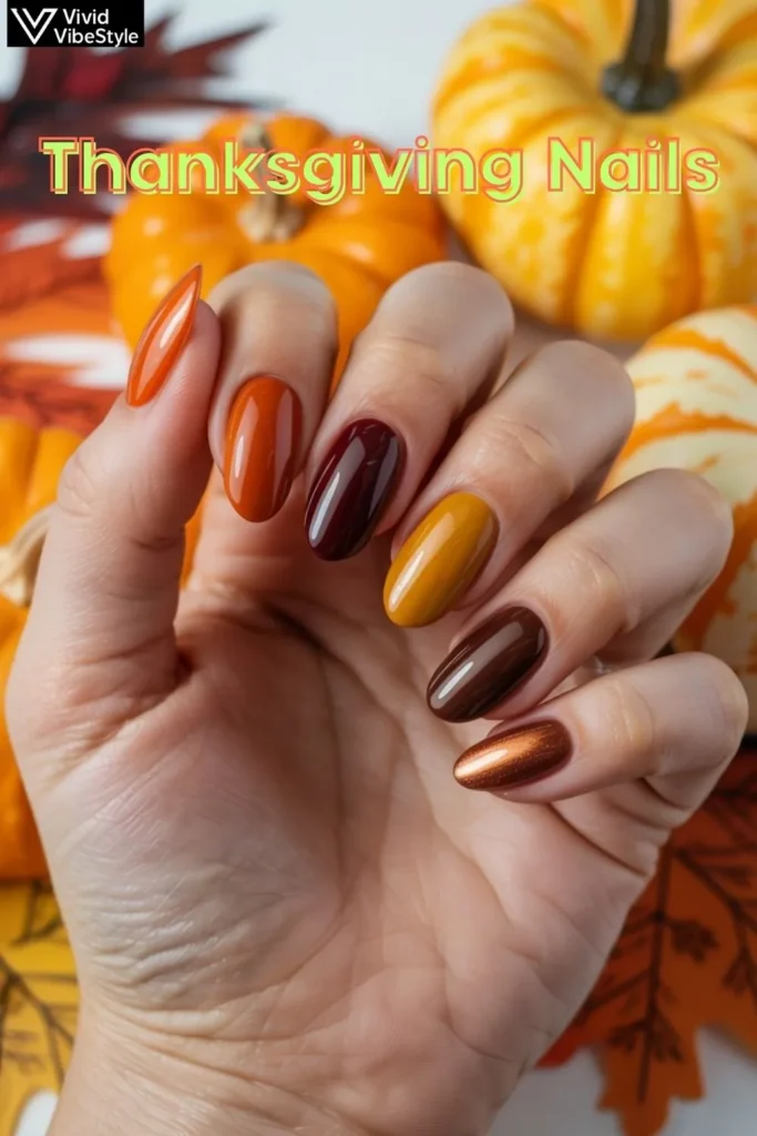 Thanksgiving nails color palette with burnt orange, burgundy, gold, and copper polish shades styled with pumpkins and autumn leaves