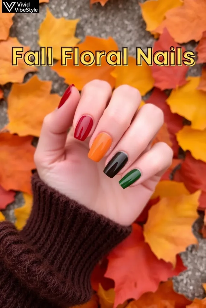 Fall nails color palette featuring burgundy, burnt orange, brown, and green nail swatches displayed against autumn leaves