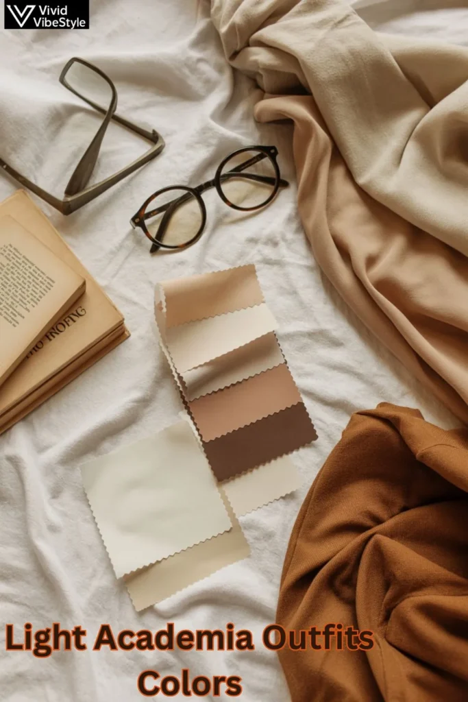Neutral-toned fabric swatches and clothing items showing the Light Academia aesthetic color palette.