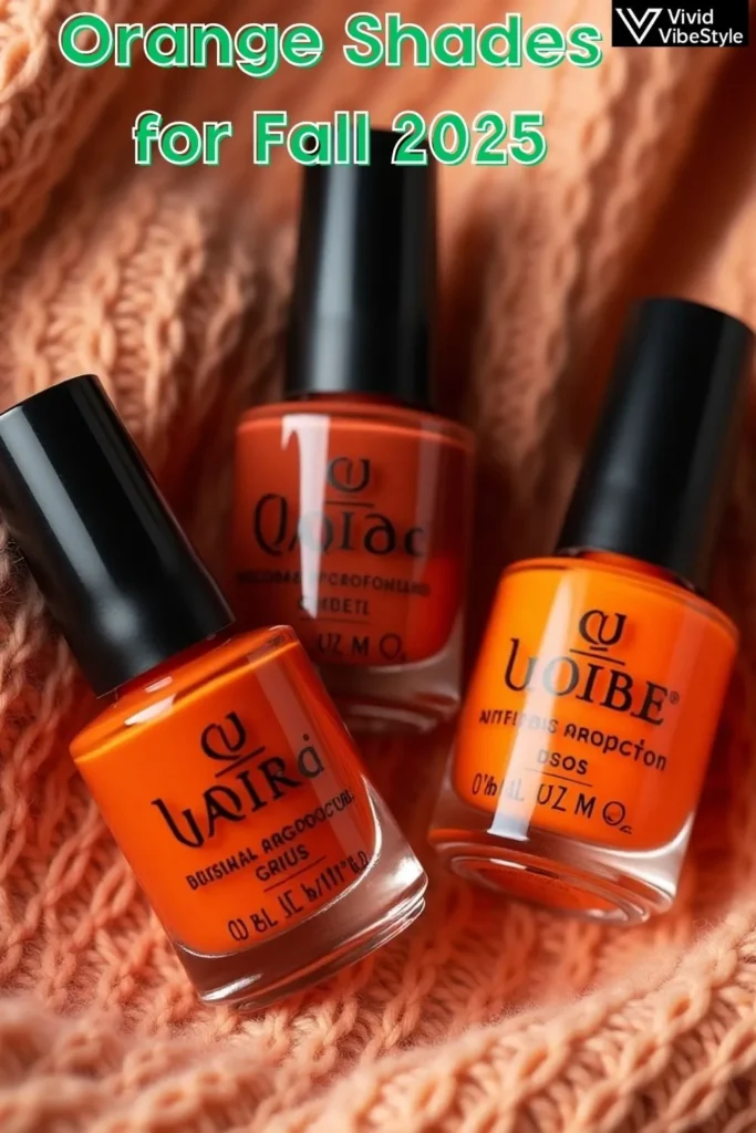 Flat-lay of burnt orange, rust orange, and pumpkin orange nail polish bottles styled on a fall sweater background essential fall 2025 nail colors