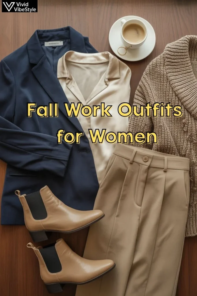 Flat lay of essential pieces for fall work outfits for women including blazer, blouse, sweater, and ankle boots