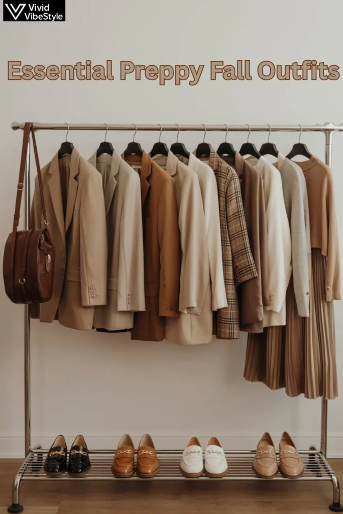 Clothing rack with blazers, pleated skirts, loafers, and sweaters as essential pieces for preppy fall outfits.