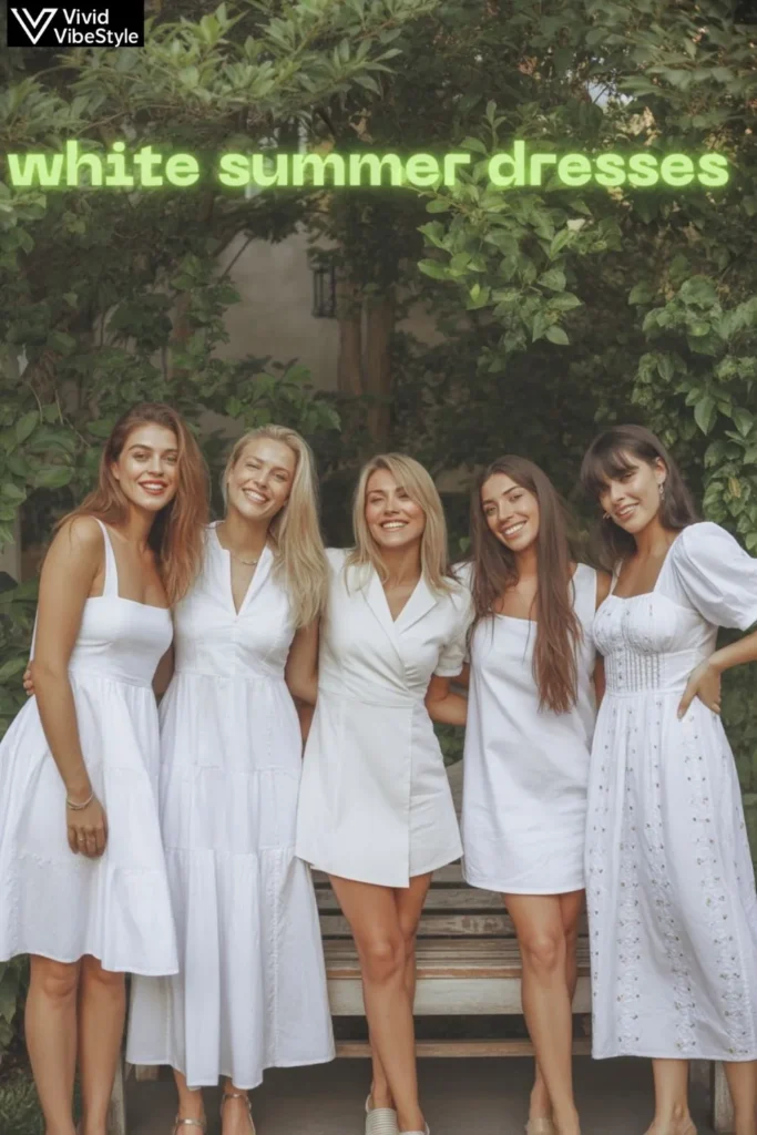 Different body types styled in white summer dresses including A-line, wrap, maxi, and shift designs.
