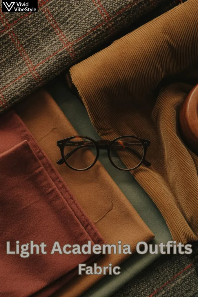 Tweed, corduroy, wool, and velvet fabrics representing the core materials of Dark Academia outfits.